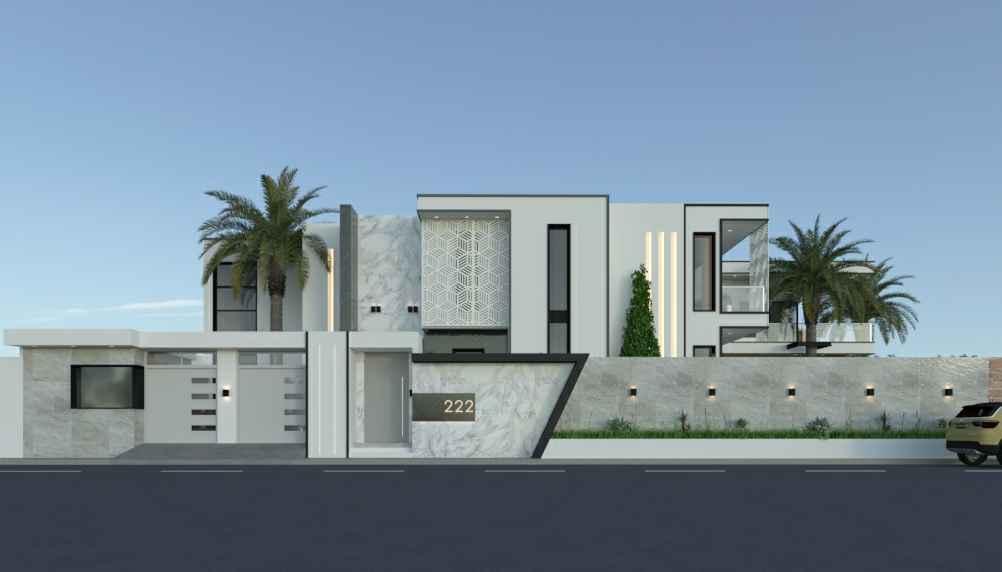 Villa moderne contemporaine par Youmé Mbengue Architecte. Design épuré, façades blanches et motifs géométriques. Architecture résidentielle de prestige avec palmiers tropicaux.