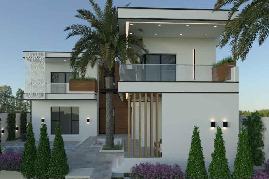 Villa moderne contemporaine façade principale avec palmiers et terrasses - Youmé Mbengue Architecte