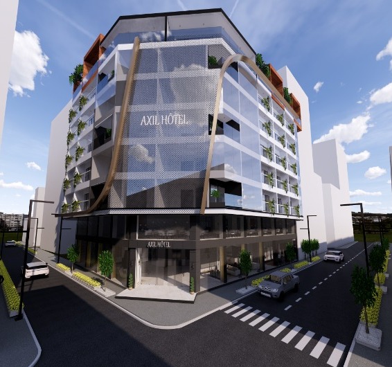 Image 3D d'un hôtel moderne situé à l'angle d'une rue, conçu par un architecte à Dakar.