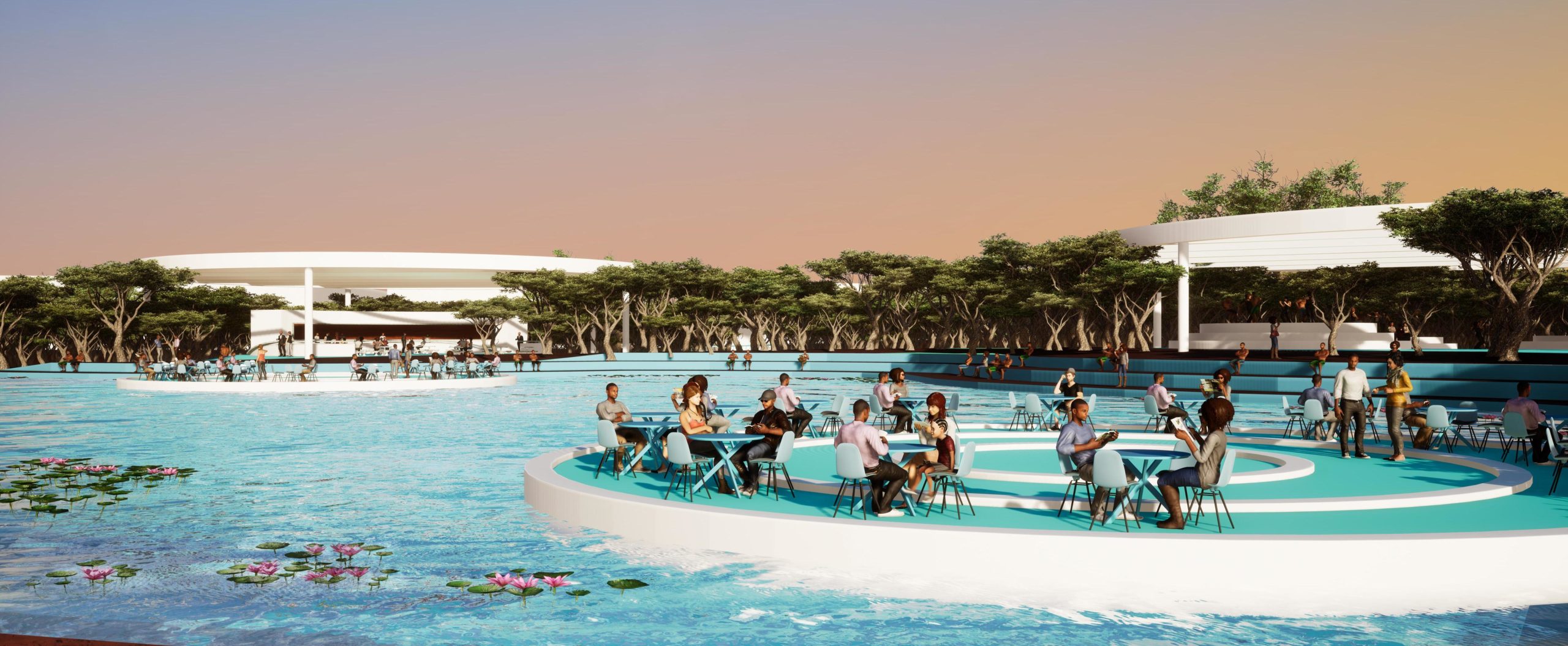 Illustration 3D d'un espace aquatique moderne avec des terrasses flottantes, conçu par un architecte à Dakar.