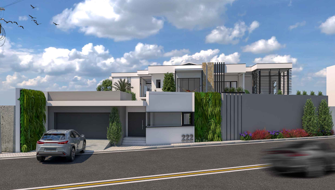 Vue 3D d'une villa moderne et luxueuse à façade végétalisée, conçue par un architecte à Dakar.